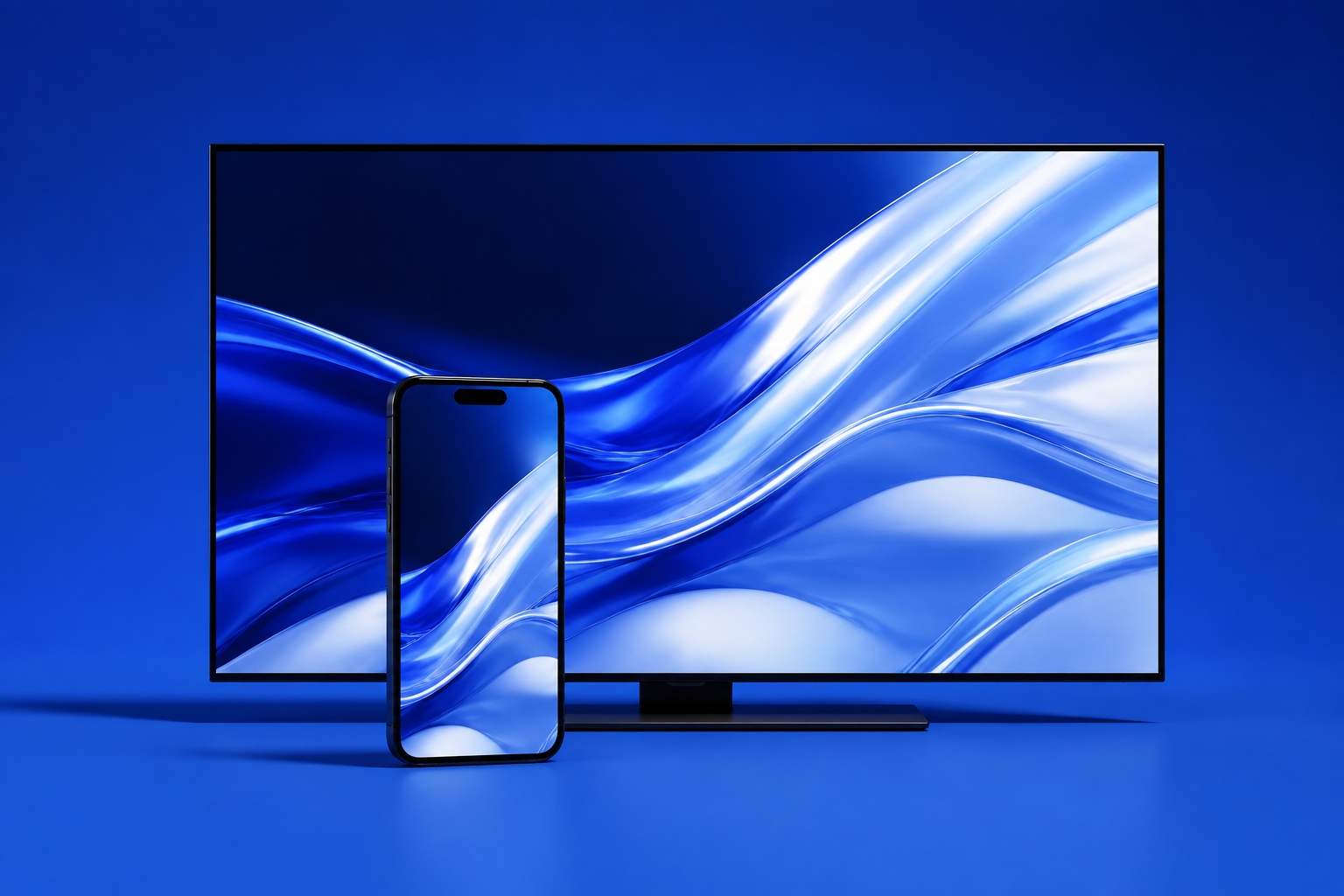 A smartphone and a television sharing the same flowing blue visual